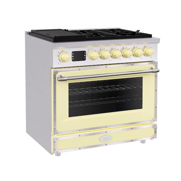 36 in. Freestanding Gas Range with 6 Sealed Burner and 5.2 cu. ft. Convection Oven, in Cream Yellow with Stainless Steel