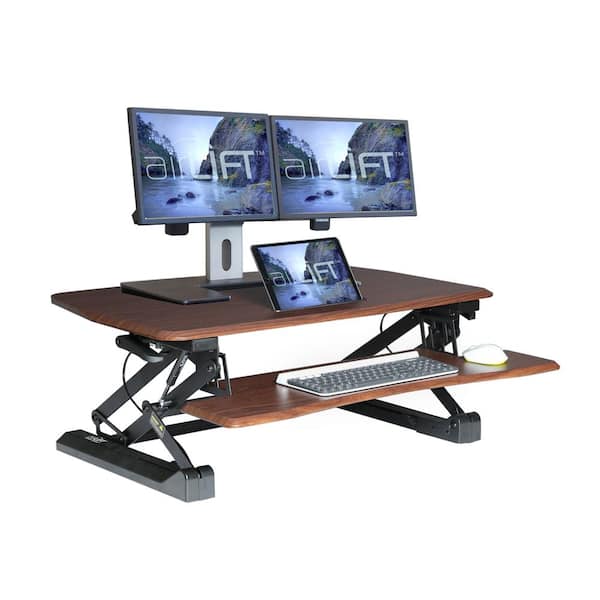 Seville Classics AIRLIFT Walnut 35.4 in Height Adjustable Standing Desk Converter Workstation With Dual Monitor Riser and Keyboard Tray