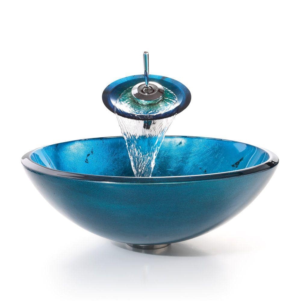 Blue Glass Circular Vessel Sink with Chrome Faucet