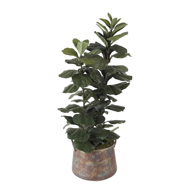 D&W Silks Indoor Artificial Fiddle Leaf Fig in Age Copper Metal Floor Planter
