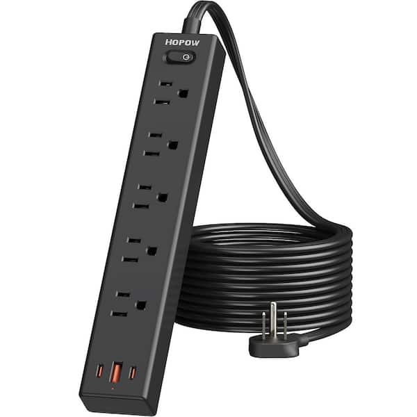 Lukyamzn 10 ft. Ultra Thin Flat Plug Power Strip Extension Cord, Surge Protector w/ 5-Outlet, 3-USB Port 2-USB C, 1250-Watt Black