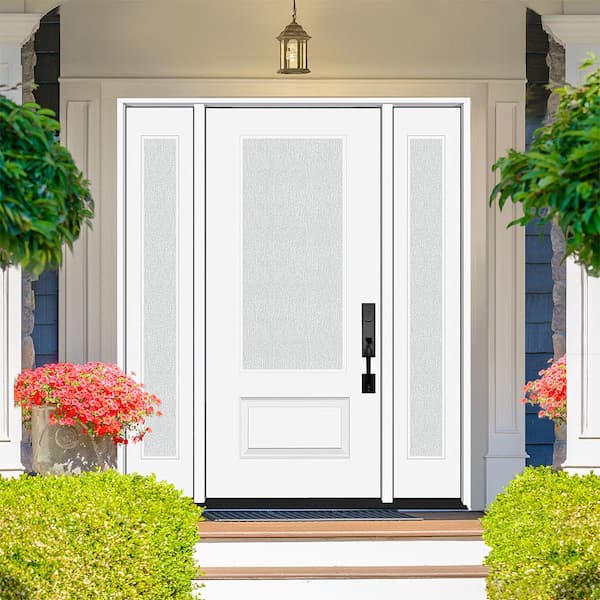 Legacy 64 in. x 80 in. 3/4 Lite Rain Glass LHIS White Fiberglass Prehung Front Door with dB 12 in. SL