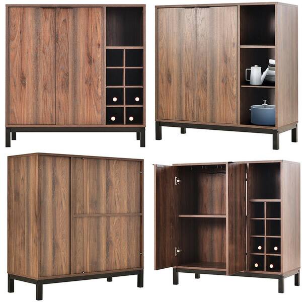 Dark Brown Kitchen Island Sideboards Buffets Coffee Bar Cabinet w/ Wine Racks (33.86 in. W x 14.17 in. D x 34.84 in. H)