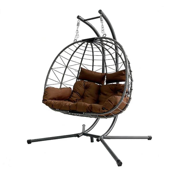 50.39 in. 2-Person Brown Wicker Porch Swing with Cream Cushions Durable Construction easy to install