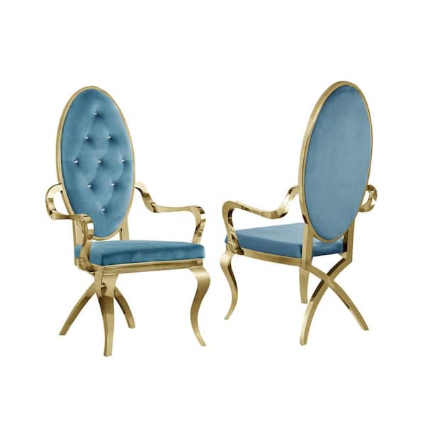 Best Quality Furniture Ted Teal Blue Velvet Gold Stainless Steel Arm Chairs (Set of 2)