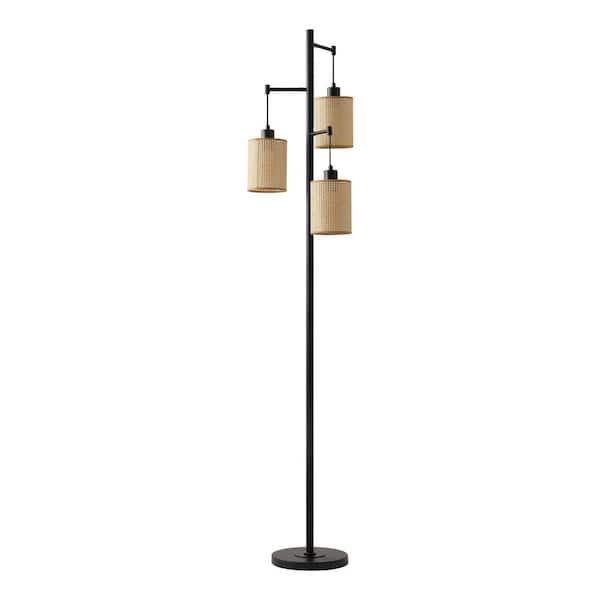 68.9 in. Black 3-Light Tree Floor Lamp with Hand Woven Shade