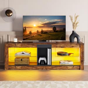 55 in. Rustic Brown TV Stand with LED Lights Entertainment Center with Glass Shelves