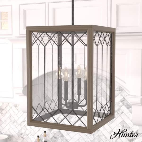 Hunter Chevron 4-Light Rustic French Oak Lantern Pendant Light with Seeded Glass Shade