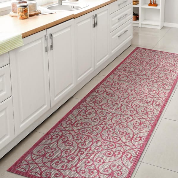 JONATHAN Y Madrid Vintage Filigree Textured Weave Light Gray/Fuchsia 2 ft. x 8 ft. Indoor/Outdoor Runner Rug