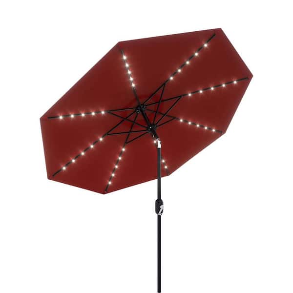 10 ft. Metal Pole Round Market Solar LED Lighted Tilt Patio Umbrella with UV-Resistant Fabric in Red