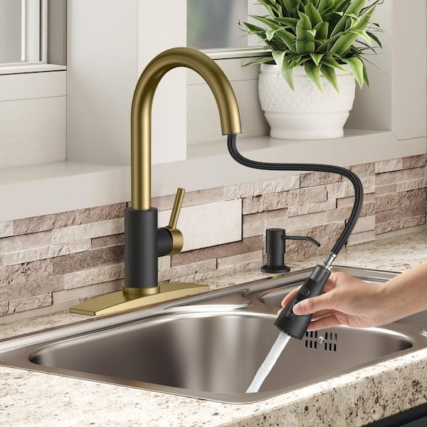 Single Handle Pull Down Sprayer Kitchen Faucet High-Arc Kitchen Sink Faucet with Deck Plate in Black Brushed Gold