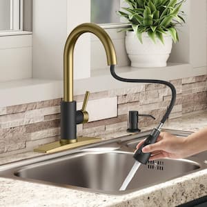 Single-Handle Kitchen Faucet with Pull Down Sprayer High-Arc Kitchen Sink Faucet with Deck Plate in Black-Brushed Gold