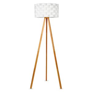 Bijou 60 in. Natural Wood Farmhouse 1-Light LED Energy Efficient Floor Lamp with White Plastic Drum Shade