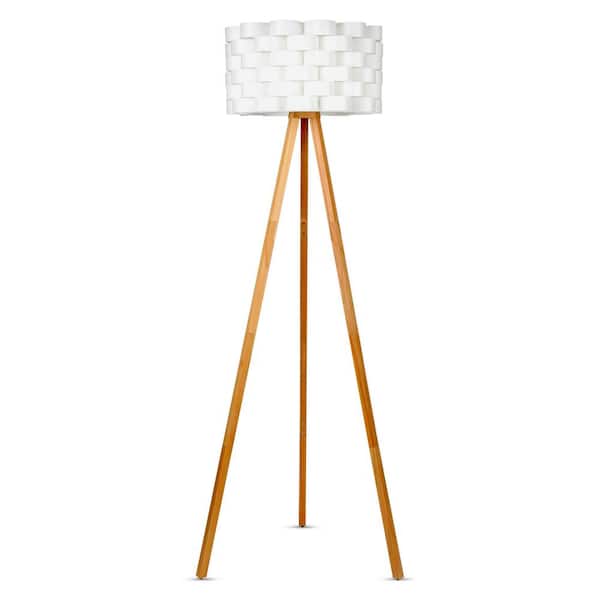 Brightech Bijou 60 in. Natural Wood Farmhouse 1-Light LED Energy Efficient Floor Lamp with White Plastic Drum Shade