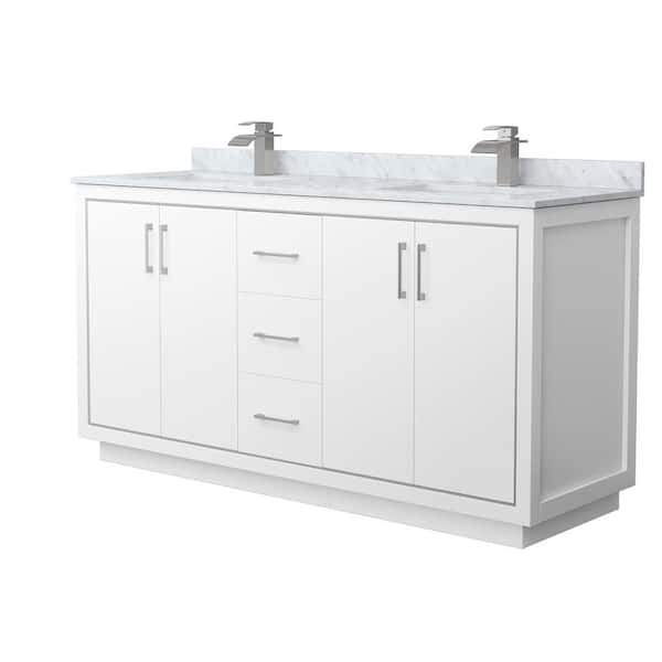 Wyndham Collection Icon 66 in. W x 22 in. D x 35 in. H Double Bath Vanity in White with White Carrara Marble Top