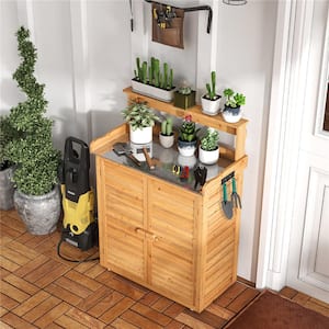 64.41 gal. Natural Wood Outdoor Storage Bench with Galvanized Metal Countertop 3 Hanging Hooks