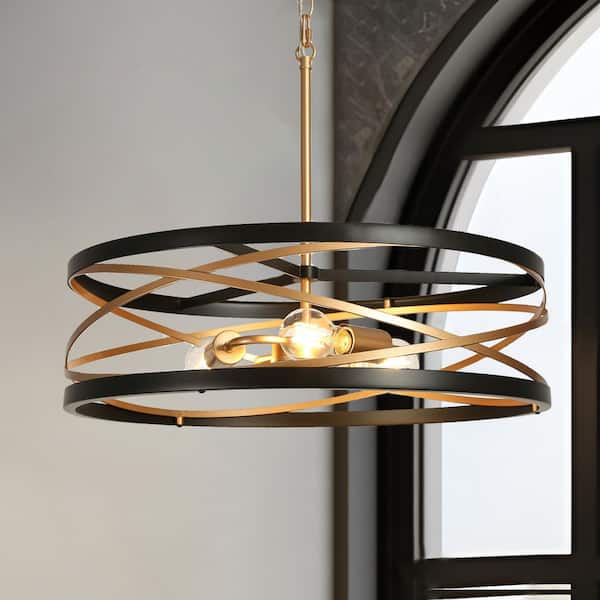 Transitional 3-Light Black and Dark Gold Island Chandelier with Open Drum Cage Shade Dining Room Pendant, LED Compatible
