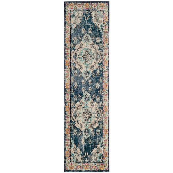 Monaco Navy/Light Blue 2 ft. x 22 ft. Distressed Border Medallion Runner Rug