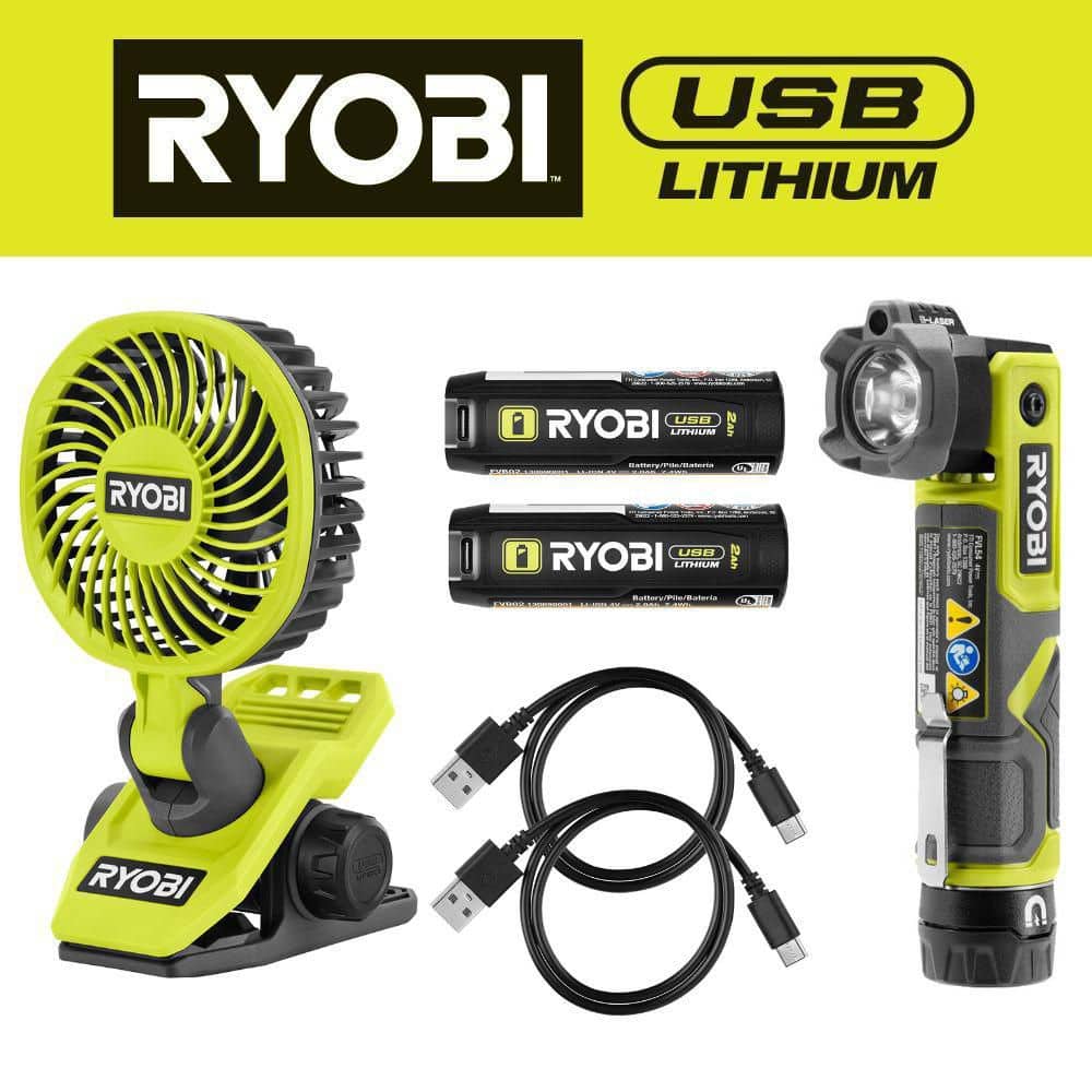 RYOBI USB Lithium 2-Tool Combo Kit with Inflator, Flashlight, (2