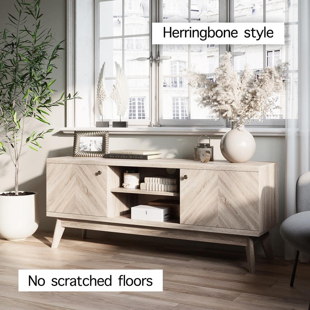 Beige 58" Herringbone MDF TV Stand with Wooden Legs