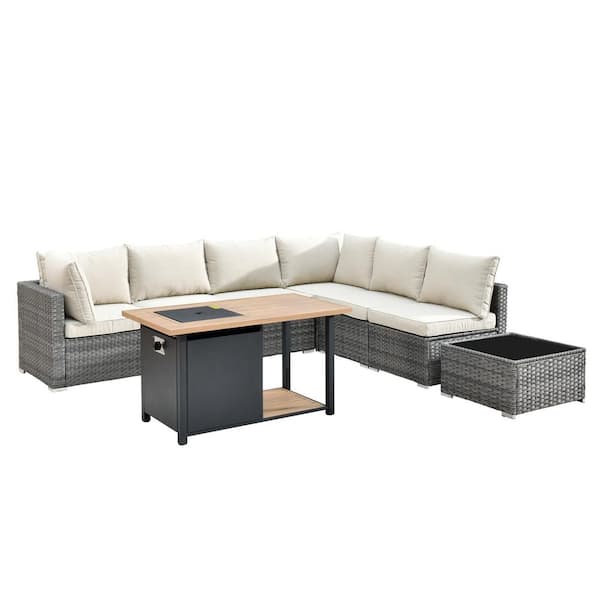 Sanibel Gray 8-Piece Wicker Outdoor Patio Conversation Sofa Seating Set with a Storage Fire Pit and Beige Cushions