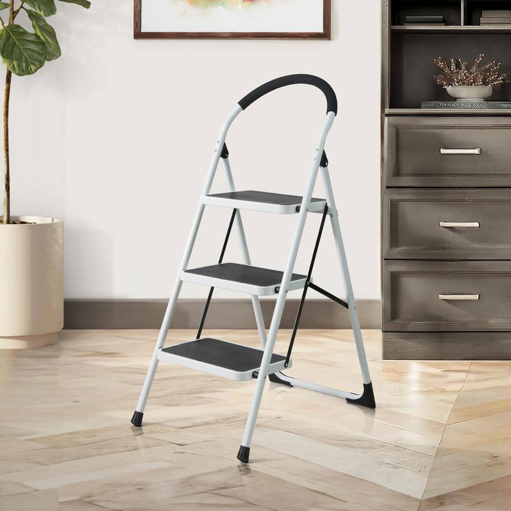White 3-Step Folding Metal Step Stool with Hand Grip