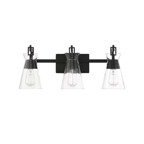 Lakewood 24 in. W x 9.5 in. H 3-Light Matte Black Bathroom Vanity Light with Clear Glass Shades Savoy House Vanity Lighting