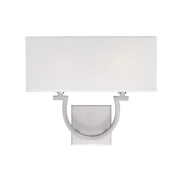 Savoy House Rhodes 14 in. W x 12 in. H 2-Light Satin Nickel Wall Sconce with White Linen Shade