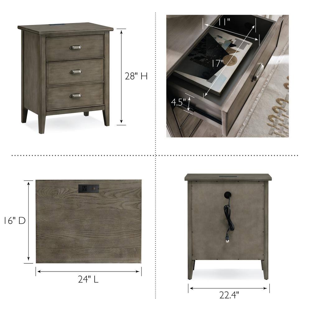 Laurent Smoke Gray Solid Wood Nightstand with USB-C Charging Station