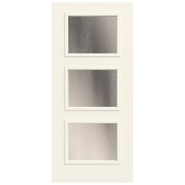 JELD-WEN 36 in x 80 in 3 Lite Equal Right-Hand/Inswing Chinchilla Decorative Glass White Steel Front Door Slab