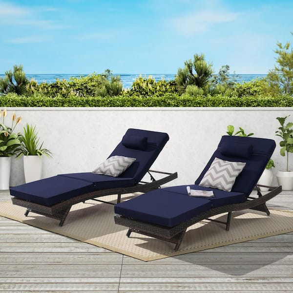 Cesicia (Set of 2) Brown Rattan Wicker Outdoor Chaise Lounge with Dark Blue Cushions