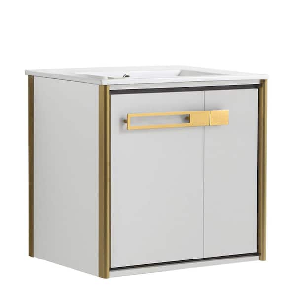 FINE FIXTURES Oakville 24 in. W x 18 in. D x 23.25 in. H Wall Mounted Bathroom Vanity in Matte White with White Ceramic Sink Top