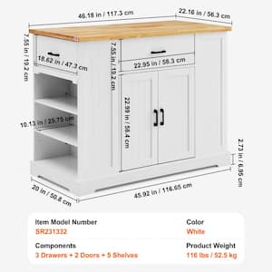 Kitchen Island Cart, Wood Top Breakfast Bar, Kitchen Cart with Table, Drawer, for Dining Kitchen Living Room, White