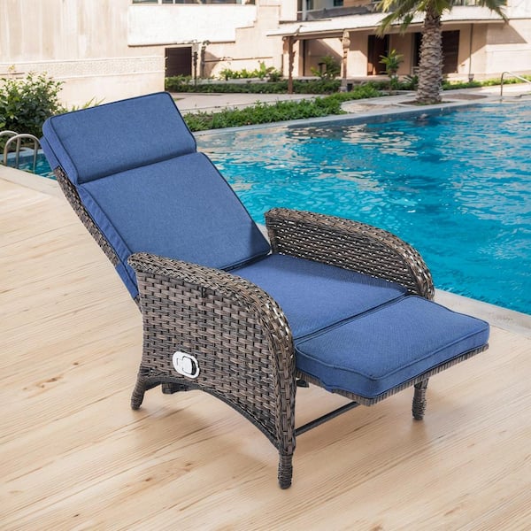 PlainCurve 1-Piece Brown Wicker Outdoor Patio Adjustable Recliner Chair with Navy Blue Cushions