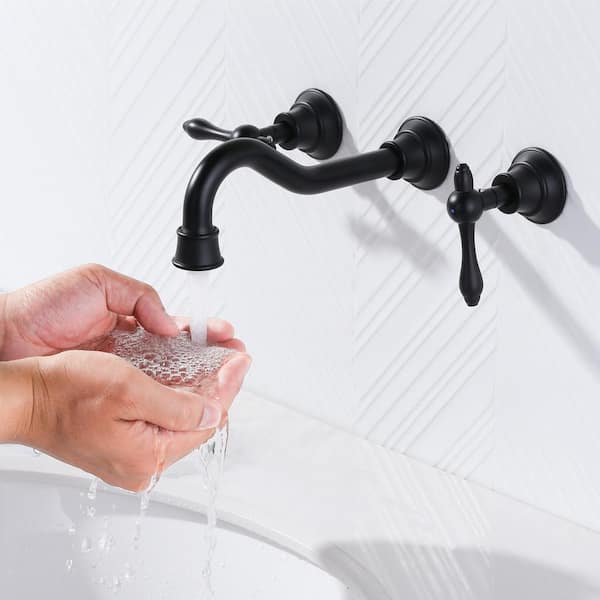Double Handle 3-Hole Brass Wall Mounted Antique Bathroom Sink Faucet in Matte Black