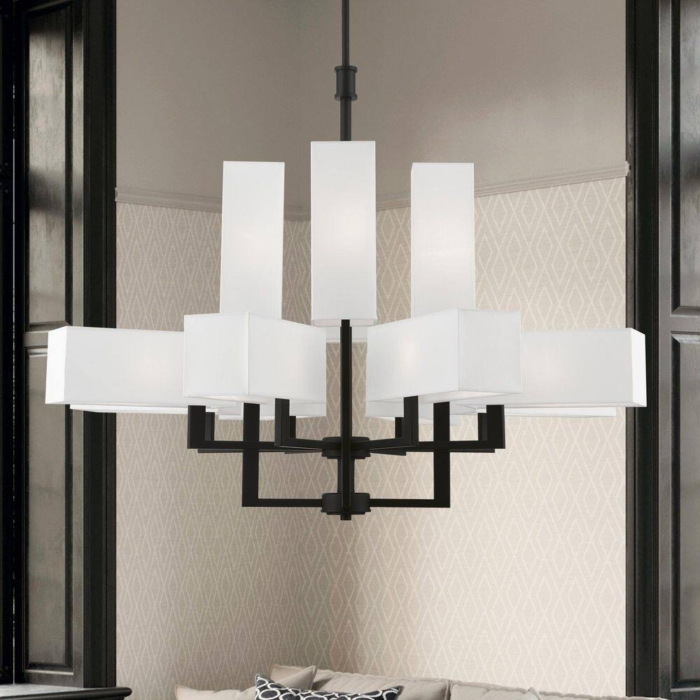 Rubix Black 12-Light Chandelier with Off-White Shades