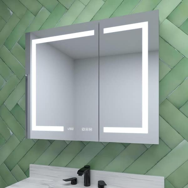 36 in. W x 30 in. H Rectangular Silver Aluminum Recessed/Surface Mount Medicine Cabinet with Mirror, LED and Clock