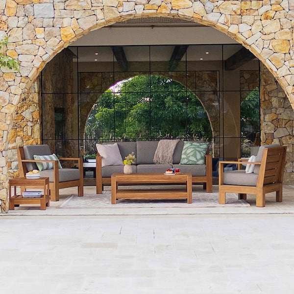 Largo 5-Piece Premium Indonesia Teak Wood Patio Conversation Set with Sunbrella Cast Shale Cushion