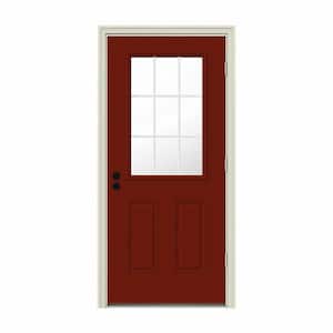 30 in. x 80 in. 9 Lite Mesa Red Painted Steel Prehung Left-Hand Outswing Back Door w/Brickmould