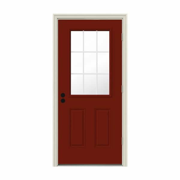JELD-WEN 30 in. x 80 in. 9 Lite Mesa Red Painted Steel Prehung Left-Hand Outswing Entry Door w/Brickmould