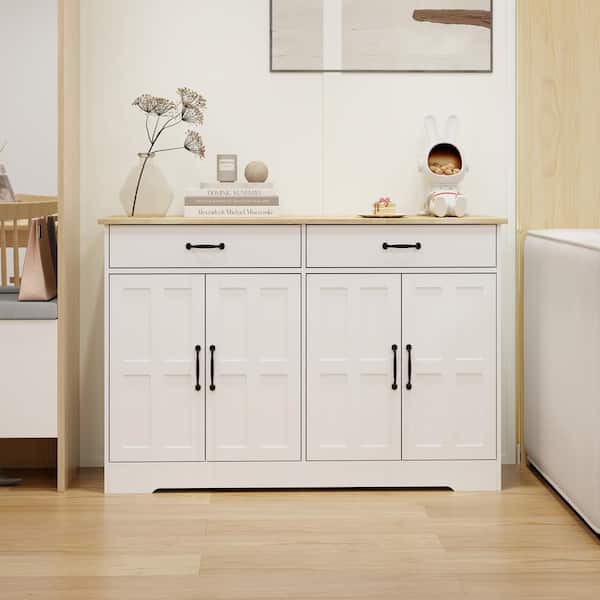 Unbranded White Wood 48 in. Kitchen Island with Drawers, Farmhouse Buffet Cabinet Storage Sideboard for Dining Living Room Kitchen