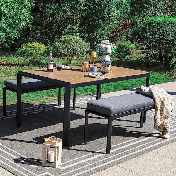 PHI VILLA 3-Piece Aluminum Outdoor Dining Set with Bench Seating and Dark Gray Cushions