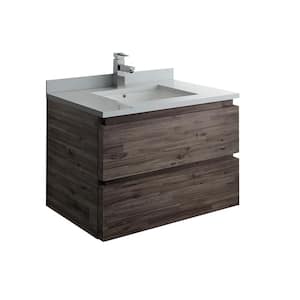 Formosa 30 in. Modern Wall Hung Vanity in Warm Gray with Quartz Stone Vanity Top in White with White Basin