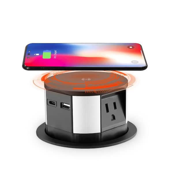 10-Watt Space Saver Pop Up-Outlet, Fast Induction Charger with Type-C USB, 3-Outlets, 2 USB Ports, Surge Protection