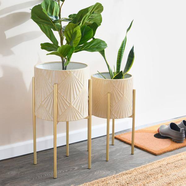 Cream and Gold Embossed Metal Planters with Stands, Set of 2