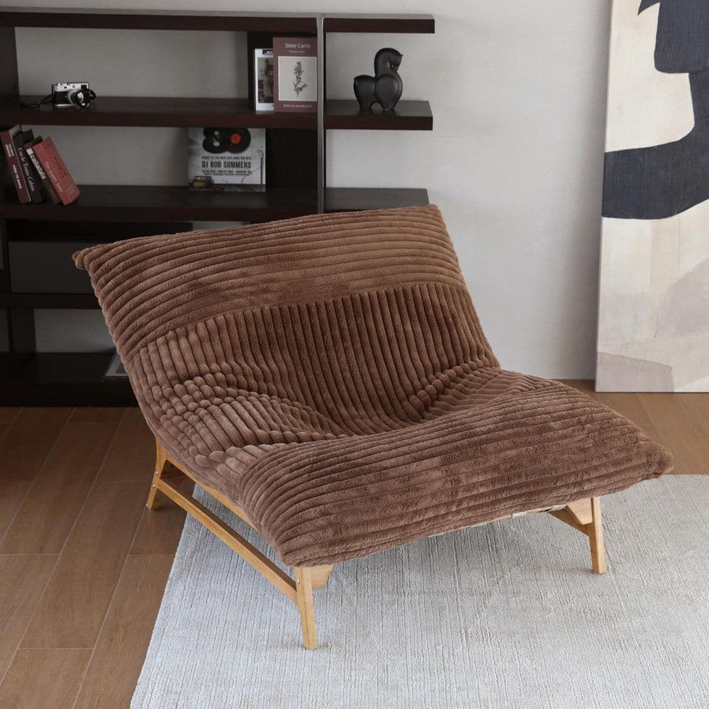 Brown Rabbit Hair Plush Fabric Solid Wood Recliner Chair With Bean Cushion