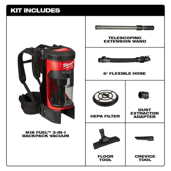 Milwaukee 18V Lithium-Ion FUEL 3-in-1 Backpack Vacuum with Hose,  Attachments and HEPA Filter 