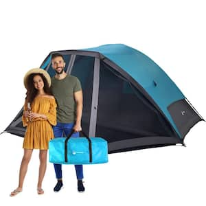 6 Person Camping Tent - Water-Resistant Cabin Style Outdoor Shelter with Built-In Screen Tent and Carrying Bag, Blue