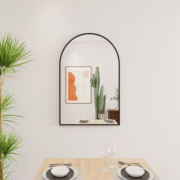 Runesay 24 in. W x 36 in. H Aluminum Alloy Arched Suspension Framed Wall Dressing Decorative Bathroom Vanity Mirror in Black