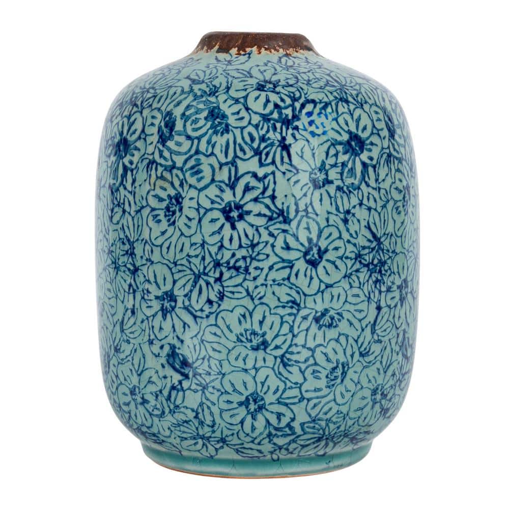 Distressed Blue Ceramic Floral Bouquet Vase 6.5" H